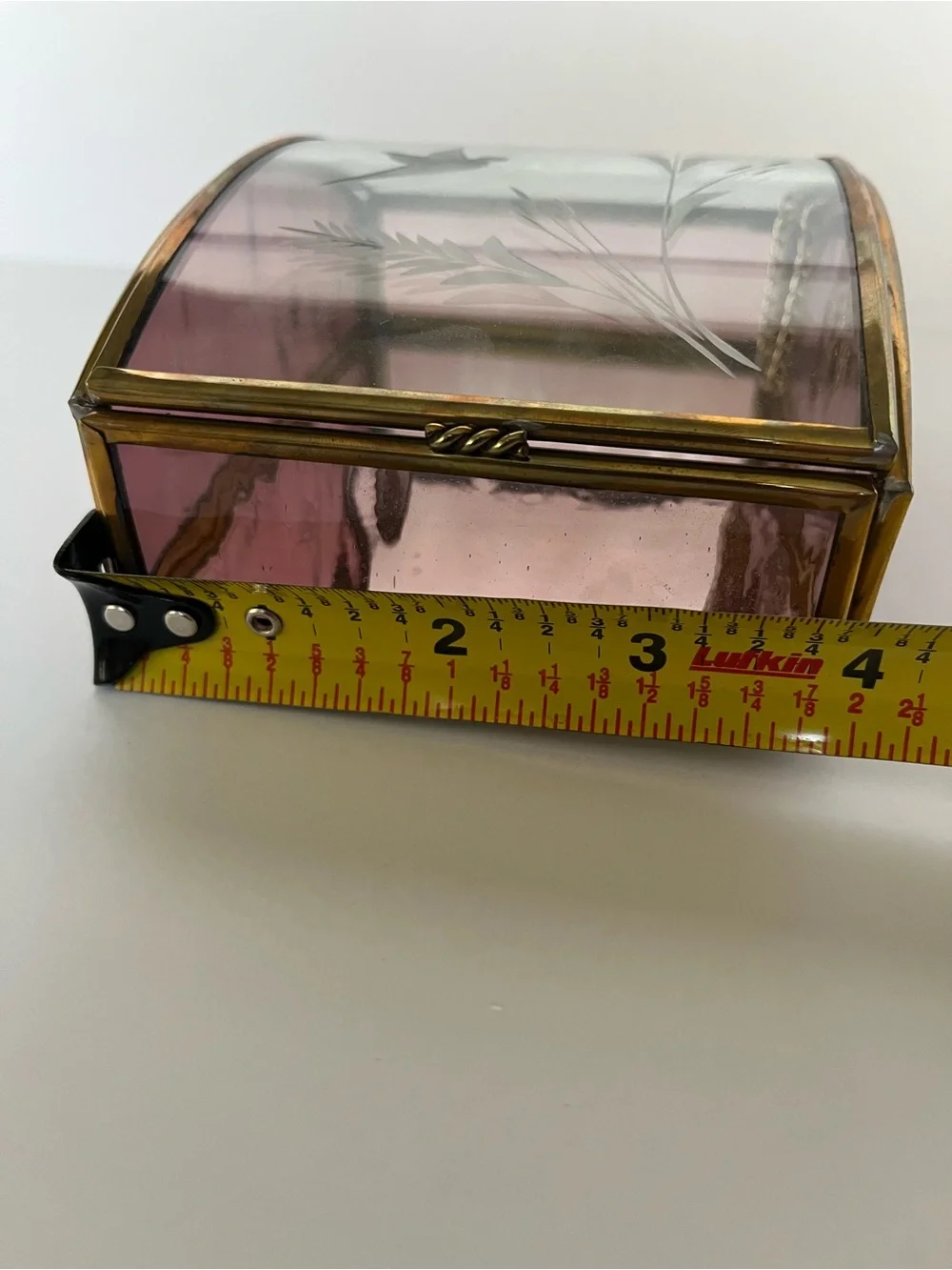 Vintage Brass Trinket Jewelry Box Etched Floral Purple Glass Curved Lid Romantic